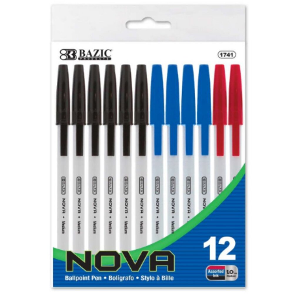 New! Bazic Nova Assorted Color Stick Pens - 12 ct